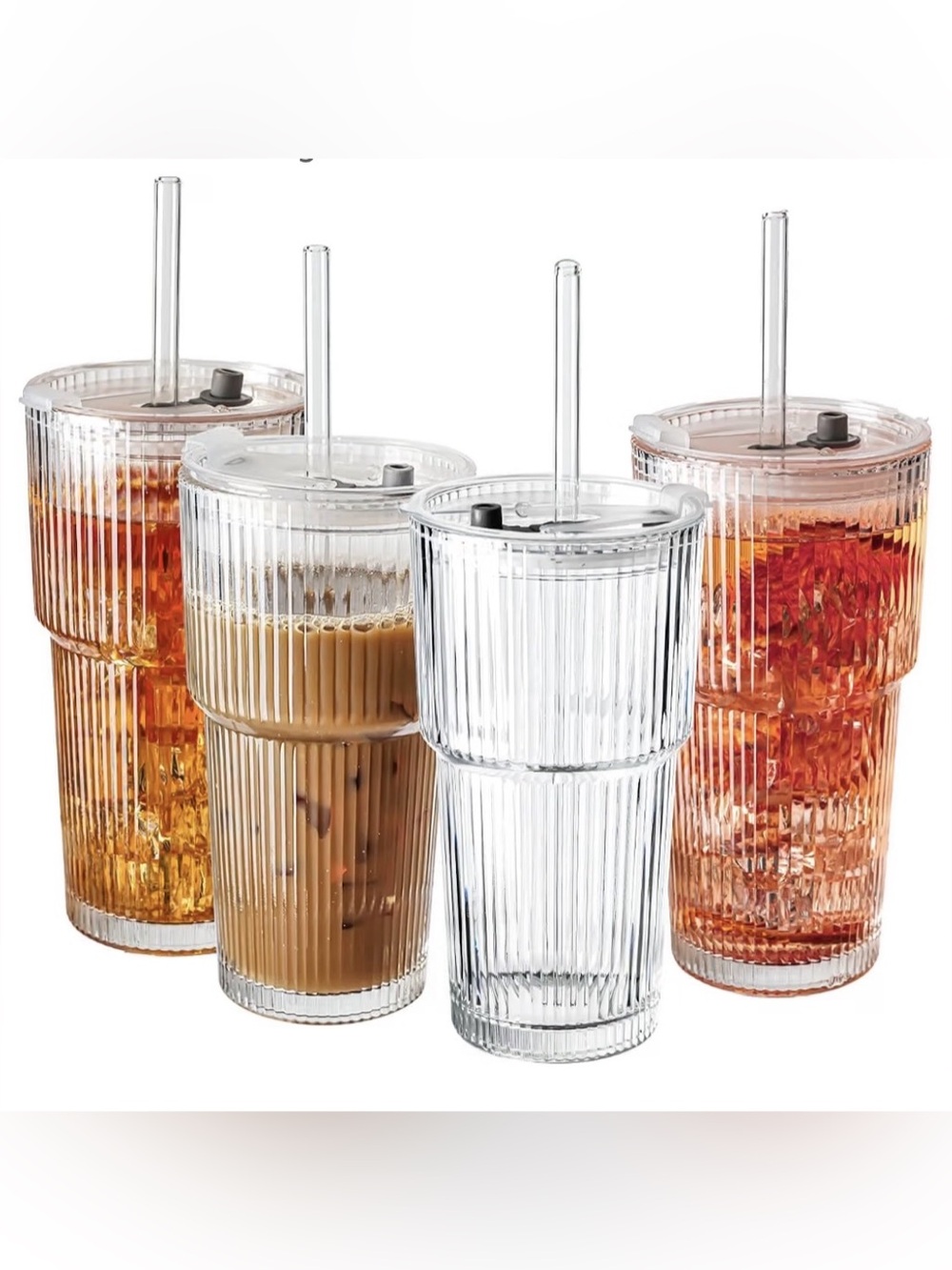 Ribbed Glass 20 OZ Tumblers Set of 4 with Lids and Straws